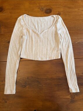 SHEIN Cream Ribbed Cropped V-Notch Long Sleeve Top